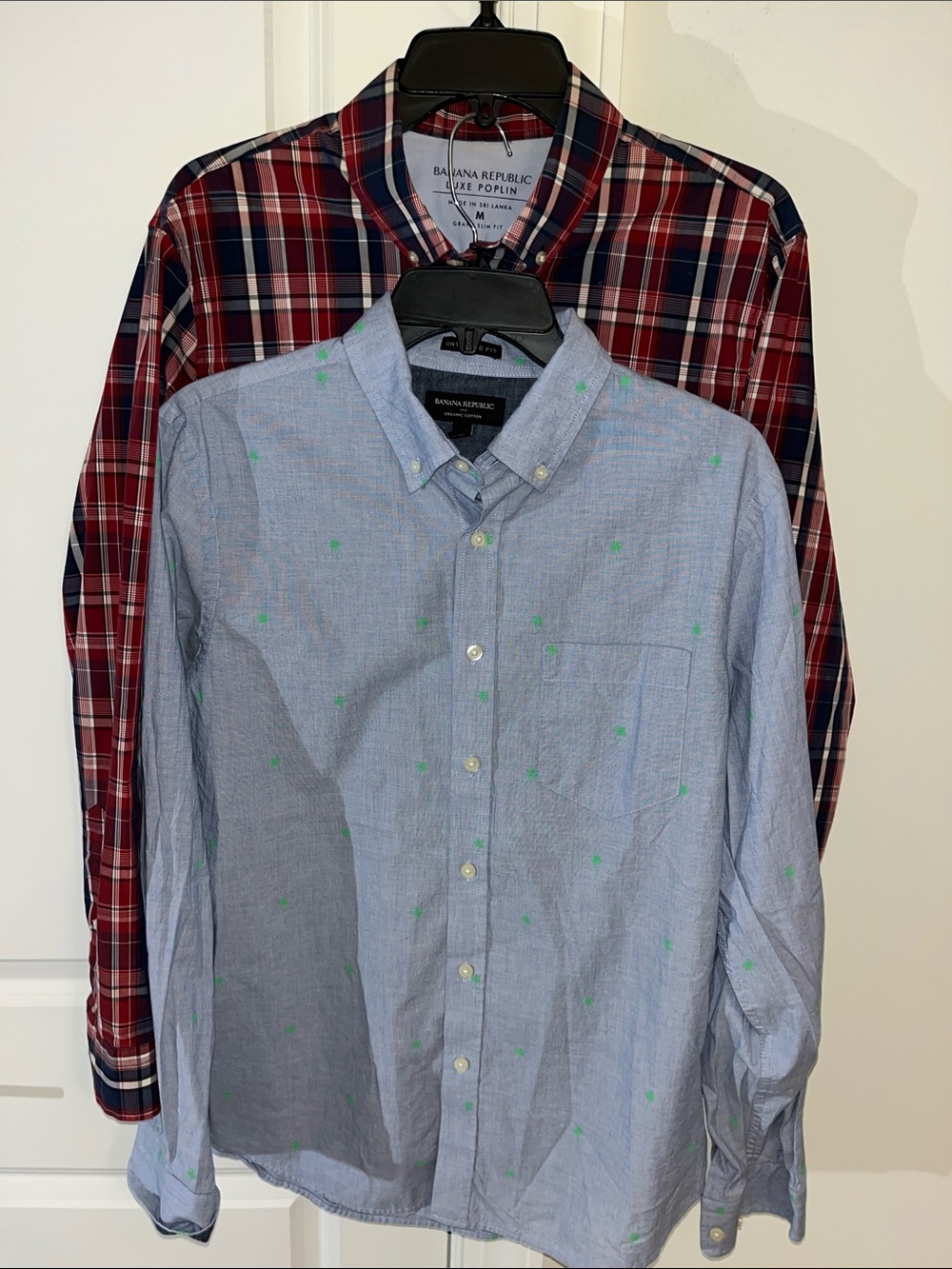 2-great Banana Republic Blue Green Palm Trees & Red Check Plaid LS shirt Slim